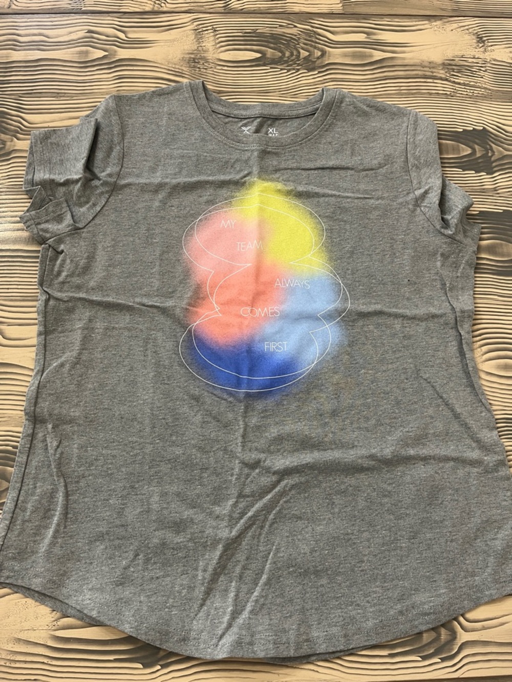 Xersion Gray Crewneck Tee with Yellow and Pink Nebula Accent
